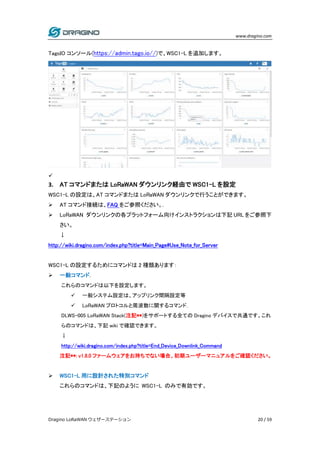 www.dragino.com
Dragino LoRaWAN ウェザーステーション 20 / 59
TagoIO コンソール(https://admin.tago.io//)で、WSC1-L を追加します。

3. AT コマンドまたは LoRaWAN ダウンリンク経由で WSC1-L を設定
WSC1-L の設定は、AT コマンドまたは LoRaWAN ダウンリンクで行うことができます。
 AT コマンド接続は、FAQ をご参照ください。.
 LoRaWAN ダウンリンクの各プラットフォーム向けインストラクションは下記 URL をご参照下
さい。
↓
http://wiki.dragino.com/index.php?title=Main_Page#Use_Note_for_Server
WSC1-L の設定するためにコマンドは 2 種類あります：
 一般コマンド.
これらのコマンドは以下を設定します。
 一般システム設定は、アップリンク間隔設定等
 LoRaWAN プロトコルと周波数に関するコマンド.
DLWS-005 LoRaWAN Stack(注記**)をサポートする全ての Dragino デバイスで共通です。これ
らのコマンドは、下記 wiki で確認できます。
↓
http://wiki.dragino.com/index.php?title=End_Device_Downlink_Command
注記**: v1.8.0 ファームウェアをお持ちでない場合、初期ユーザーマニュアルをご確認ください。
 WSC1-L 用に設計された特別コマンド
これらのコマンドは、下記のように WSC1-L のみで有効です。
 