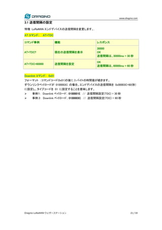 www.dragino.com
Dragino LoRaWAN ウェザーステーション 21 / 59
3.1 送信間隔の設定
特徴 LoRaWAN エンドデバイスの送信間隔を変更します。.
AT コマンド： AT+TDC
コマンド事例 機能 レスポンス
AT+TDC? 現在の送信間隔を表示
30000
OK
送信間隔は、30000ms = 30 秒
AT+TDC=60000 送信間隔を設定
OK
送信間隔は、60000ms = 60 秒
Downlink コマンド： 0x01
フォーマット ：コマンドコード(0x01)の後に 3 バイトの時間値が続きます。
ダウンリンクペイロードが 0100003C の場合、エンドデバイスの送信間隔を 0x00003C=60(秒)
に設定し、タイプコードを 01 に設定することを意味します。
 事例１： Downlink ペイロード； 0100001E // 送信間隔設定(TDC) = 30 秒
 事例 2： Downlink ペイロード； 0100003C // 送信間隔設定(TDC) = 60 秒
 