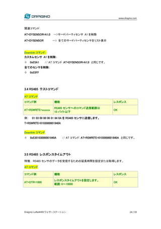 www.dragino.com
Dragino LoRaWAN ウェザーステーション 24 / 59
関連コマンド：
AT+DYSENSOR=A1,0 -–>サードパーティセンサ A1 を削除
AT+DYSENSOR --> 全てのサードパーティセンサをリスト表示
Downlink コマンド：
カスタムセンサ A1 を削除：
 0xE5A1 // AT コマンド AT+DYSENSOR=A1,0 と同じです。
全てのセンサを削除：
 0xE5FF
3.4 RS485 テストコマンド
AT コマンド
コマンド例 機能 レスポンス
AT+RSWRITE=xxxxxx
RS485 センサへのコマンド送信範囲は
10 バイト以下
OK
例： 01 03 00 00 00 01 84 0A を RS485 センサに送信します。
T+RSWRITE=0103000001840A
Downlink コマンド
 0xE20103000001840A // AT コマンド: AT+RSWRITE=0103000001840A と同じです。
3.5 RS485 レスポンスタイムアウト
特徴： RS485 センサのデータを受信するための延長時間を設定または取得します。
AT コマンド
コマンド例 機能 レスポンス
AT+DTR=1000
レスポンスタイムアウトを設定します。
範囲：0〜10000
OK
 