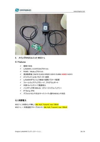 www.dragino.com
Dragino LoRaWAN ウェザーステーション 28 / 59
5. メインプロセスユニット WSC1-L
5.1 Features
 壁掛け対応
 LoRaWAN v1.0.3クラスAプロトコル
 RS485 / Modbusプロトコル
 周波数帯域: CN470/EU433/KR920/US915/EU868/AS923/AU915
 ATコマンドによるパラメーター変更
 LoRaWANダウンリンク経由で遠隔パラメータ変更
 ファームウェアアップグレード、プログラムポート
 外部12vバッテリーで電源投入
 バックアップ用1000mAh リチャージャブルバッテリー
 IP Rating: IP65
 デフォルトセンサ又はサードパーティ製RS485センサ対応
5.2 消費電力
WSC1-L (外部センサ無し): Idle: 4uA, Transmit: max 130mA
WSC1-L + 外部温度プローブ(AS-01): Idle: 4uA, Transmit: max 130mA.
 