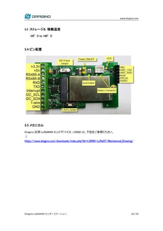 www.dragino.com
Dragino LoRaWAN ウェザーステーション 29 / 59
5.3 ストレージ& 稼働温度
-20°C to +60°C
5.4 ピン配置
5.5 メカニカル
Dragino 汎用 LoRaWAN エンドデバイス LSN50 v2、下記をご参照ください。
↓
https://www.dragino.com/downloads/index.php?dir=LSN50-LoRaST/Mechanical_Drawing/
 