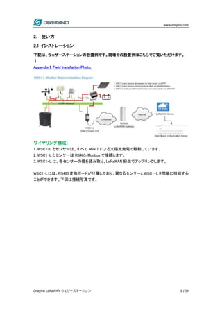 www.dragino.com
Dragino LoRaWAN ウェザーステーション 6 / 59
2. 使い方
2.1 インストレーション
下記は、ウェザーステーションの設置例です。現場での設置例はこちらでご覧いただけます。
↓
Appendix I: Field Installation Photo.
ワイヤリング構成：
1. WSC1-L とセンサーは、すべて MPPT による太陽光発電で駆動しています。
2. WSC1-L とセンサーは RS485/Modbus で接続します。
3. WSC1-L は、各センサーの値を読み取り、LoRaWAN 経由でアップリンクします。
WSC1-Lには、RS485変換ボードが付属しており、異なるセンサーと WSC1-Lを簡単に接続する
ことができます。下図は接続写真です。
 