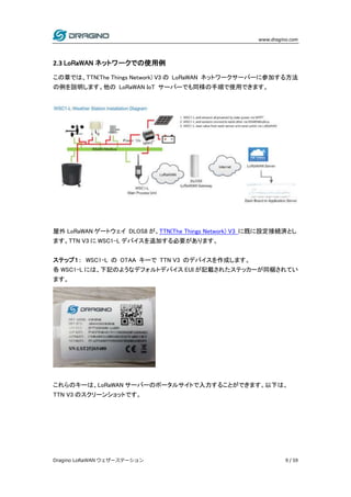 www.dragino.com
Dragino LoRaWAN ウェザーステーション 9 / 59
2.3 LoRaWAN ネットワークでの使用例
この章では、TTN(The Things Network) V3 の LoRaWAN ネットワークサーバーに参加する方法
の例を説明します。他の LoRaWAN IoT サーバーでも同様の手順で使用できます。
屋外 LoRaWAN ゲートウェイ DLOS8 が、TTN(The Things Network) V3 に既に設定接続済とし
ます。TTN V3 に WSC1-L デバイスを追加する必要があります。
ステップ１： WSC1-L の OTAA キーで TTN V3 のデバイスを作成します。
各 WSC1-L には、下記のようなデフォルトデバイス EUI が記載されたステッカーが同梱されてい
ます。
これらのキーは、LoRaWAN サーバーのポータルサイトで入力することができます。以下は、
TTN V3 のスクリーンショットです。
 