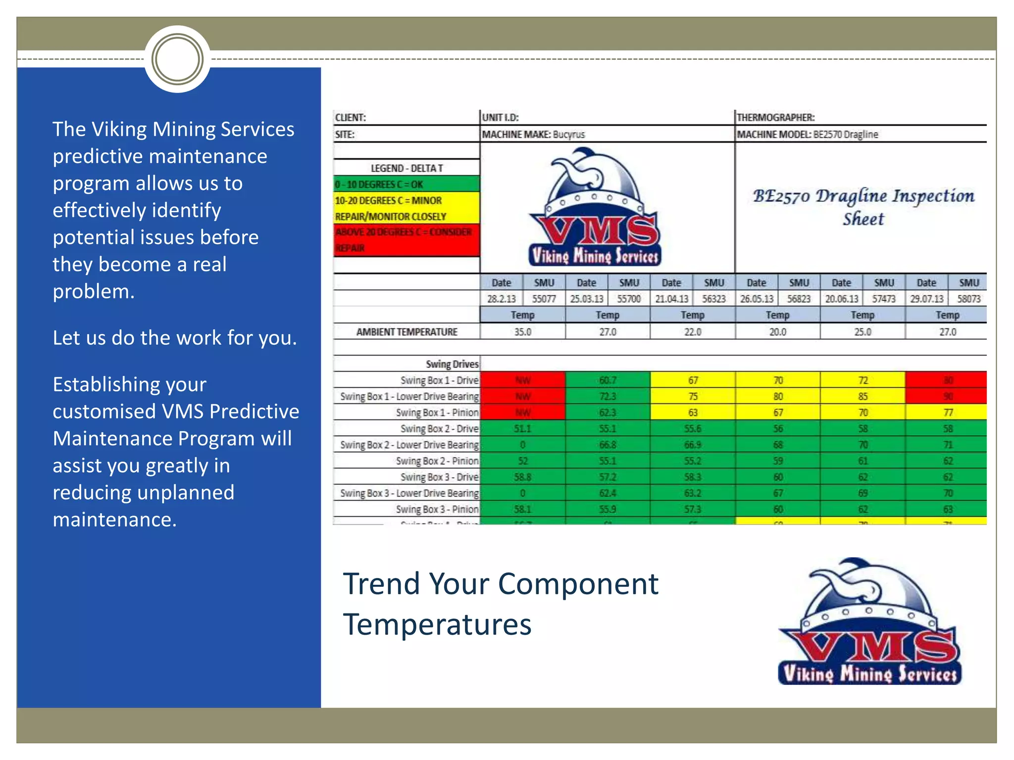 Trend Your Component
Temperatures
The Viking Mining Services
predictive maintenance
program allows us to
effectively identify
potential issues before
they become a real
problem.
Let us do the work for you.
Establishing your
customised VMS Predictive
Maintenance Program will
assist you greatly in
reducing unplanned
maintenance.
 