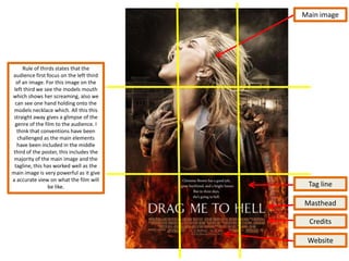 Main image




      Rule of thirds states that the
audience first focus on the left third
  of an image. For this image on the
 left third we see the models mouth
which shows her screaming, also we
  can see one hand holding onto the
 models necklace which. All this this
 straight away gives a glimpse of the
  genre of the film to the audience. I
   think that conventions have been
   challenged as the main elements
   have been included in the middle
third of the poster, this includes the
 majority of the main image and the
 tagline, this has worked well as the
main image is very powerful as it give
a accurate view on what the film will
                 be like.                 Tag line

                                         Masthead

                                           Credits

                                          Website
 