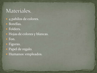  4 pabilos de colores.
 Botellas.
 Folders.
 Hojas de colores y blancas.
 Fon.
 Figuras.
 Papel de regalo.
 Humanos: empleados.
 