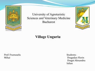 Village Unguriu
Prof: Frumuselu
Mihai
Students:
Dragodan Florin
Dragoi Alexandru
Iulian
University of Agroturistic
Sciences and Veterinary Medicine
Bucharest
 