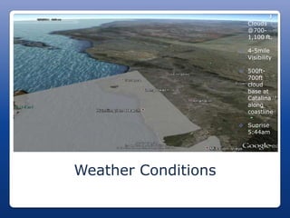  Clouds
                       @700-
                       1,100 ft.

                      4-5mile
                       Visibility

                      500ft-
                       700ft
                       cloud
                       base at
                       Catalina
                       along
                       coastline

                      Sunrise
                       5:44am




Weather Conditions
 