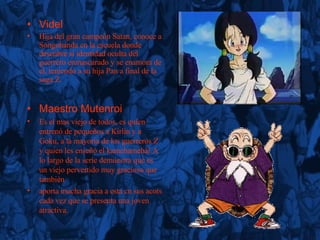 Videl Hija del gran campeón Satan, conoce a Songohanda en la escuela donde descubre si identidad oculta del guerrero enmascarado y se enamora de el, teniendo a su hija Pan a final de la saga Z. Maestro Mutenroi Es el mas viejo de todos, es quien entrenó de pequeños a Kirlin y a Goku, a la mayoria de los guerreros Z y quien les enseñó el kamehamehá!.A lo largo de la serie demuestra que es un viejo pervertido muy gracioso que también  aporta mucha gracia a esta cn sus acots cada vez que se presenta una joven atractiva. 