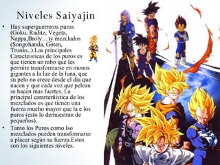 Niveles Saiyajin Hay superguerreros puros (Goku, Raditz, Vegeta, Nappa,Broly…)y mezclados (Songohanda, Goten, Trunks..).Las principales Caracteisticas de los puros es que tienen un rabo que les permite transformarse en monos gigantes a la luz de la luna, que su pelo no crece desde el dia que nacen y que cada vez que pelean se hacen mas fuertes. La principal cararterñistica de los mezclados es que tienen una fuerza mucho mayor que la e los puros (esto lo demuestran de pequeños). Tanto los Puros como lso mezclados pueden transformarse a placer según su fuerza.Estos son los siguientes niveles. 