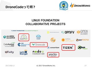DroneCodeって何？
2017/06/12 © 2017 DroneWorks Inc. 27
LINUX FOUNDATION
COLLABORATIVE PROJECTS
 