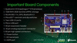 Important Board Components
1. Qualcomm ® Snapdragon™ 410 processor
2. 1GB RAM, 8GB SanDisk eMMC storage
3. WLAN 802.11n, GPS, Bluetooth 4.1
4. MicroSD™ card slot and dip switches
5. Two USB 2.0 ports
6. Micro USB port
7. 40 pin expansion header
8. 16 pin analog expansion connector
9. 60 pin high speed connectors
10. Power button
11. DC barrel jack
12. HDMI port
512
9
7
6
8 11
2
3
10
1
4
Author: Robert Wolff
 