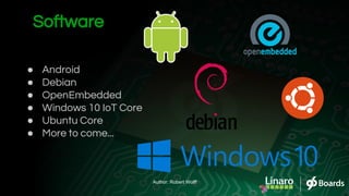 ● Android
● Debian
● OpenEmbedded
● Windows 10 IoT Core
● Ubuntu Core
● More to come...
Software
Author: Robert Wolff
 