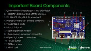 Important Board Components
1. Qualcomm ® Snapdragon™ 410 processor
2. 1GB RAM, 8GB SanDisk eMMC storage
3. WLAN 802.11n, G...