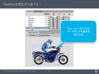 © 2012 Adobe Systems Incorporated. All Rights Reserved. Adobe Conﬁdential.
FlashProを見ながら言うと：
28
子ムービークリップは
アーマチュアの条件を
満たせば、
 