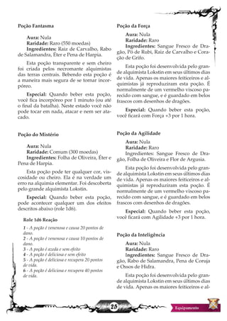 25
Poção Fantasma
Aura: Nula
Raridade: Raro (550 moedas)
Ingredientes: Raiz de Carvalho, Rabo
de Salamandra, Éter e Pena de Harpia.
Esta poção transparente e sem cheiro
foi criada pelos necromante alquimistas
das terras centrais. Bebendo esta poção é
a maneira mais segura de se tornar incor-
póreo.
Especial: Quando beber esta poção,
você fica incorpóreo por 1 minuto (ou até
o final da batalha). Neste estado você não
pode tocar em nada, atacar e nem ser ata-
cado.
Poção do Mistério
Aura: Nula
Raridade: Comum (300 moedas)
Ingredientes: Folha de Oliveira, Éter e
Pena de Harpia.
Esta poção pode ter qualquer cor, vis-
cosidade ou cheiro. Ela é na verdade um
erro na alquimia elementar. Foi descoberta
pelo grande alquimista Lokstin.
Especial: Quando beber esta poção,
pode acontecer qualquer um dos efeitos
descritos abaixo (role 1d6).
Role 1d6 Reação
1 - A poção é venenosa e causa 20 pontos de
dano.
2 - A poção é venenosa e causa 10 pontos de
dano.
3 - A poção é azeda e sem efeito
4 - A poção é deliciosa e sem efeito
5 - A poção é deliciosa e recupera 20 pontos
de vida.
6 - A poção é deliciosa e recupera 40 pontos
de vida.
Poção da Força
Aura: Nula
Raridade: Raro
Ingredientes: Sangue Fresco de Dra-
gão, Pó de Rubi, Raiz de Carvalho e Cora-
ção de Grifo.
Esta poção foi desenvolvida pelo gran-
de alquimista Lokstin em seus últimos dias
de vida. Apenas os maiores feiticeiros e al-
quimistas já reproduziram esta poção. É
normalmente de um vermelho viscoso pa-
recido com sangue, e é guardado em belos
frascos com desenhos de dragões.
Especial: Quando beber esta poção,
você ficará com Força +3 por 1 hora.
Poção da Agilidade
Aura: Nula
Raridade: Raro
Ingredientes: Sangue Fresco de Dra-
gão, Folha de Oliveira e Flor de Argusia.
Esta poção foi desenvolvida pelo gran-
de alquimista Lokstin em seus últimos dias
de vida. Apenas os maiores feiticeiros e al-
quimistas já reproduziram esta poção. É
normalmente de um vermelho viscoso pa-
recido com sangue, e é guardado em belos
frascos com desenhos de dragões.
Especial: Quando beber esta poção,
você ficará com Agilidade +3 por 1 hora.
Poção da Inteligência
Aura: Nula
Raridade: Raro
Ingredientes: Sangue Fresco de Dra-
gão, Rabo de Salamandra, Pena de Coruja
e Ossos de Hidra.
Esta poção foi desenvolvida pelo gran-
de alquimista Lokstin em seus últimos dias
de vida. Apenas os maiores feiticeiros e al-
 