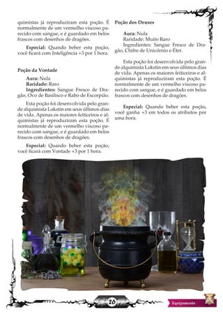 26
quimistas já reproduziram esta poção. É
normalmente de um vermelho viscoso pa-
recido com sangue, e é guardado em belos
frascos com desenhos de dragões.
Especial: Quando beber esta poção,
você ficará com Inteligência +3 por 1 hora.
Poção da Vontade
Aura: Nula
Raridade: Raro
Ingredientes: Sangue Fresco de Dra-
gão, Ovo de Basilisco e Rabo de Escorpião.
Esta poção foi desenvolvida pelo gran-
de alquimista Lokstin em seus últimos dias
de vida. Apenas os maiores feiticeiros e al-
quimistas já reproduziram esta poção. É
normalmente de um vermelho viscoso pa-
recido com sangue, e é guardado em belos
frascos com desenhos de dragões.
Especial: Quando beber esta poção,
você ficará com Vontade +3 por 1 hora.
Poção dos Deuses
Aura: Nula
Raridade: Muito Raro
Ingredientes: Sangue Fresco de Dra-
gão, Chifre de Unicórnio e Éter.
Esta poção foi desenvolvida pelo gran-
de alquimista Lokstin em seus últimos dias
de vida. Apenas os maiores feiticeiros e al-
quimistas já reproduziram esta poção. É
normalmente de um vermelho viscoso pa-
recido com sangue, e é guardado em belos
frascos com desenhos de dragões.
Especial: Quando beber esta poção,
você ganha +3 em todos os atributos por
uma hora.
 