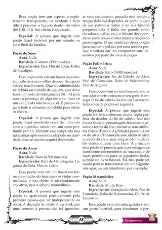 18 Equipamento
Essa poção tem um aspecto comple-
tamente transparente, na verdade é bem
difícil perceber o líquido dentro do vidro
(Int [Dif. 14]). Seu cheiro é adocicado.
Especial: A pessoa que ingerir esta
poção ficará invisível por um minuto ou
até o final da batalha.
Poção do Sono
Aura: Nula
Raridade: Comum (350 moedas)
Ingredientes: Éter, Flor de Lótus, Folha
de Eucalipto.
Essa poção vem em um frasco pequena,
equivalente a uma colher de sopa. Seu gosto
é doce, mas travante. Quando administrada
na bebida ou comida de alguém, este deve
fazer um teste de Inteligência [Dif. 14] para
notar a presença de algo estranho (mas só
um alquimista saberá o que é). É preciso in-
gerir todo o alimento ou bebida para sofrer
os efeitos.
Especial: A pessoa que ingerir esta
poção ficará sonolenta cerca de 1 minuto
após a ingestão, caindo em um sono pro-
fundo por 1h. Durante esse tempo ela não
irá acordar após essa hora ela pode ser acor-
dada, mas se não for seguirá dormindo.
Poção do Amor
Aura: Nula
Raridade: Raro (4.500 moedas)
Ingredientes: Raiz de Mandrágora, La-
grima de Fada, Flor de Lótus
Essa poção vem em um frasco em for-
ma de coração, ela tem uma cor vinho aver-
melhada, e seu cheiro é adocicadamente
enjoativo, mas o sabor é maravilhoso.
Especial: A pessoa que ingerir esta
poção se apaixonará perdidamente pela
primeira pessoa que vir (independente do
sexo). A duração do efeito é variável, por
uma semana a pessoa não irá question-
ar seus sentimento, passado esse tempo a
reação dela vai depender de como o alvo
de sua paixão a tratou e de sua história
pregressa (ela já tinha um grande amor,
ela odiava o alvo, etc.), o Mestre deve pon-
derar essas coisas e determinar a reação do
personagem. O uso continuo dessa poção,
para manter a paixão por uma mesma pes-
soa, resultará em um comportamento ob-
sessivo por parte do alvo da poção.
Poção Polimórfica
Aura: Nula
Raridade: Raro (5.000 moedas)
Ingredientes: Fio de Cabelo do Alvo,
Pele de Camaleão, Rabo de Salamandra,
Flor de Argucia
Essa poção vem em um frasco de couro,
seu odor e forte e rançoso e seu gosto é am-
argo. O fio de cabelo do alvo só é acrescen-
tado antes da poção ser ingerida.
Especial: A pessoa que ingerir esta
poção irá se transformar numa copia per-
feita do doador do fio de cabelo. Isso não
é uma ilusão o personagem fisicamente as-
sume a forma do alvo, inclusive seus atribu-
tos físicos (Força e Agilidade) passam a ser
os do alvo. Obviamente esse efeito só afeta
o corpo do alvo, suas roupas não mudam.
Os efeitos duram uma hora. A principio
essa poção só permite que o personagem se
transforme em membros de sua raça e de
raças permitidas para os jogadores (todas
q estão no livro básico). Ela não pode ser
usada para se transformar em um Gigante,
um ogro, ou um minotauro, por exemplo.
Poção Metamórfica
Aura: Nula
Raridade: Muito Raro
Ingredientes: Coração do Alvo, Pele de
Camaleão, Rabo de Salamandra, Chifre de
Unicórnio
Essa poção vem em uma garrafa e tem
um gosto horrível, para funcionar o per-
 