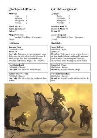 Cão Infernal (Pequeno)
Atributos
Força 4
Agilidade 3
Inteligência 1
Vontade 2
Pontos de Vida: 15
Pontos de Mana: 30
Defesa: 9
Ataque Corporal:
Mordida (For; Dano = 4/perfuração +
2/Fogo).
Habilidades:
Sopro de Fogo
Habilidade - Ação
Mana: 30
Descrição: Todos que tiverem na área do sopro
de fogo do cão infernal receberão 20 pontos de
dano de fogo. Esta área engloba todos que
estiverem na frente do dragão e até 10 metros.
Imunidade (Fogo)
Habilidade - Suporte
Descrição: Cão Infernal é imune a Fogo.
Vulnerabilidade (Frio)
Habilidade - Suporte
Descrição: Cão Infernal recebe o dobro de dano
de Frio.
Cão Infernal (Grande)
Atributos
Força 5
Agilidade 4
Inteligência 1
Vontade 3
Pontos de Vida: 30
Pontos de Mana: 30
Defesa: 10
Ataque Corporal:
Mordida (For; Dano = 5/perfuração +
3/Fogo).
Habilidades:
Sopro de Fogo
Habilidade - Ação
Mana: 30
Descrição: Todos que tiverem na área do sopro
de fogo do cão infernal receberão 20 pontos de
dano de fogo. Esta área engloba todos que
estiverem na frente do dragão e até 10 metros.
Imunidade (Fogo)
Habilidade - Suporte
Descrição: Blazekin é imune a Fogo.
Vulnerabilidade (Frio)
Habilidade - Suporte
Descrição: Blazekin recebe o dobro de dano de
Frio.
 