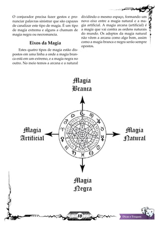 16 Dicas e Truques
O conjurador precisa fazer gestos e pro-
nunciar palavras sinistrar que são capazes
de canalizar este tipo de magia. É um tipo
de magia extrema e alguns a chamam de
magia negra ou necromancia.
Eixos da Magia
Estes quatro tipos de magia estão dis-
postos em uma linha a onde a magia bran-
ca está em um extremo, e a magia negra no
outro. No meio temos a arcana e a natural
dividindo o mesmo espaço, formando um
novo eixo entre a magia natural e a ma-
gia artificial. A magia arcana (artificial) é
a magia que vai contra as ordens naturais
do mundo. Os adeptos da magia natural
não vêem a arcana como algo bom, assim
como a magia branca e negra serão sempre
opostos.
 