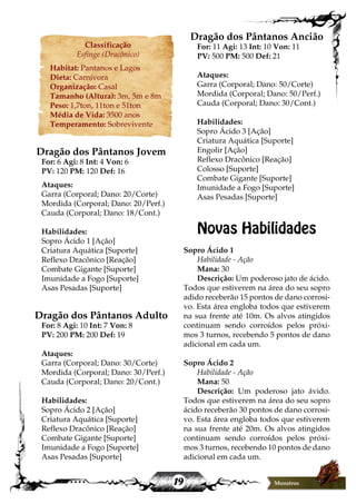19 Monstros
Classificação
Esfinge (Dracônico)
Habitat: Pantanos e Lagos
Dieta: Carnívora
Organização: Casal
Tamanho (Altura): 3m, 5m e 8m
Peso: 1,7ton, 11ton e 51ton
Média de Vida: 3500 anos
Temperamento: Sobrevivente
Dragão dos Pântanos Jovem
For: 6 Agi: 8 Int: 4 Von: 6
PV: 120 PM: 120 Def: 16
Ataques:
Garra (Corporal; Dano: 20/Corte)
Mordida (Corporal; Dano: 20/Perf.)
Cauda (Corporal; Dano: 18/Cont.)
Habilidades:
Sopro Ácido 1 [Ação]
Criatura Aquática [Suporte]
Reflexo Dracônico [Reação]
Combate Gigante [Suporte]
Imunidade a Fogo [Suporte]
Asas Pesadas [Suporte]
Dragão dos Pântanos Adulto
For: 8 Agi: 10 Int: 7 Von: 8
PV: 200 PM: 200 Def: 19
Ataques:
Garra (Corporal; Dano: 30/Corte)
Mordida (Corporal; Dano: 30/Perf.)
Cauda (Corporal; Dano: 20/Cont.)
Habilidades:
Sopro Ácido 2 [Ação]
Criatura Aquática [Suporte]
Reflexo Dracônico [Reação]
Combate Gigante [Suporte]
Imunidade a Fogo [Suporte]
Asas Pesadas [Suporte]
Dragão dos Pântanos Ancião
For: 11 Agi: 13 Int: 10 Von: 11
PV: 500 PM: 500 Def: 21
Ataques:
Garra (Corporal; Dano: 50/Corte)
Mordida (Corporal; Dano: 50/Perf.)
Cauda (Corporal; Dano: 30/Cont.)
Habilidades:
Sopro Ácido 3 [Ação]
Criatura Aquática [Suporte]
Engolir [Ação]
Reflexo Dracônico [Reação]
Colosso [Suporte]
Combate Gigante [Suporte]
Imunidade a Fogo [Suporte]
Asas Pesadas [Suporte]
Novas Habilidades
Sopro Ácido 1
Habilidade - Ação
Mana: 30
Descrição: Um poderoso jato de ácido.
Todos que estiverem na área do seu sopro
adido receberão 15 pontos de dano corrosi-
vo. Esta área engloba todos que estiverem
na sua frente até 10m. Os alvos atingidos
continuam sendo corroídos pelos próxi-
mos 3 turnos, recebendo 5 pontos de dano
adicional em cada um.
Sopro Ácido 2
Habilidade - Ação
Mana: 50
Descrição: Um poderoso jato ávido.
Todos que estiverem na área do seu sopro
ácido receberão 30 pontos de dano corrosi-
vo. Esta área engloba todos que estiverem
na sua frente até 20m. Os alvos atingidos
continuam sendo corroídos pelos próxi-
mos 3 turnos, recebendo 10 pontos de dano
adicional em cada um.
 