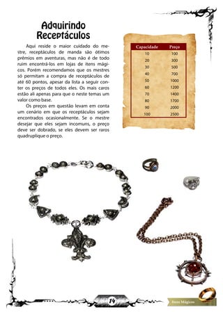 14 Itens Mágicos
Adquirindo
Receptáculos
Aqui reside o maior cuidado do me-
stre, receptáculos de manda são ótimos
prêmios em aventuras, mas não é de todo
ruim encontrá-los em lojas de itens mági-
cos. Porém recomendamos que os mestres
só permitam a compra de receptáculos de
até 60 pontos, apesar da lista a seguir con-
ter os preços de todos eles. Os mais caros
estão ali apenas para que o neste temas um
valor como base.
Os preços em questão levam em conta
um cenário em que os receptáculos sejam
encontrados ocasionalmente. Se o mestre
desejar que eles sejam incomuns, o preço
deve ser dobrado, se eles devem ser raros
quadruplique o preço.
Capacidade Preço
10 100
20 300
30 500
40 700
50 1000
60 1200
70 1400
80 1700
90 2000
100 2500
 