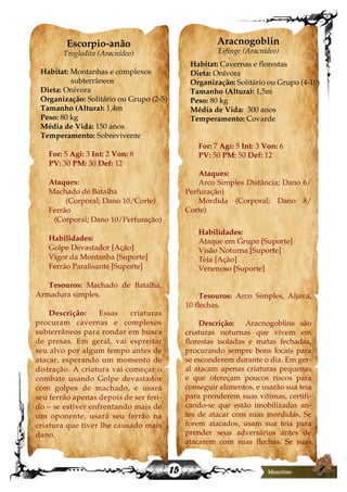 15
Escorpio-anão
Troglodita (Aracnídeo)
Habitat: Montanhas e complexos
subterrâneos
Dieta: Onívora
Organização: Solitário ou Grupo (2-5)
Tamanho (Altura): 1,4m
Peso: 80 kg
Média de Vida: 150 anos
Temperamento: Sobrevivente
For: 5 Agi: 3 Int: 2 Von: 8
PV: 30 PM: 30 Def: 12
Ataques:
Machado de Batalha
(Corporal; Dano 10/Corte)
Ferrão
(Corporal; Dano 10/Perfuração)
Habilidades:
Golpe Devastador [Ação]
Vigor da Montanha [Suporte]
Ferrão Paralisante [Suporte]
Tesouros: Machado de Batalha,
Armadura simples.
Descrição: Essas criaturas
procuram cavernas e complexos
subterrâneos para rondar em busca
de presas. Em geral, vai espreitar
seu alvo por algum tempo antes de
atacar, esperando um momento de
distração. A criatura vai começar o
combate usando Golpe devastador
com golpes de machado, e usará
seu ferrão apenas depois de ser feri-
do – se estiver enfrentando mais de
um oponente, usará seu ferrão na
criatura que tiver lhe causado mais
dano.
Aracnogoblin
Esfinge (Aracnídeo)
Habitat: Cavernas e florestas
Dieta: Onívora
Organização: Solitário ou Grupo (4-10)
Tamanho (Altura): 1,5m
Peso: 80 kg
Média de Vida: 300 anos
Temperamento: Covarde
For: 7 Agi: 5 Int: 3 Von: 6
PV: 50 PM: 50 Def: 12
Ataques:
Arco Simples Distância; Dano 6/
Perfuração)
Mordida (Corporal; Dano 8/
Corte)
Habilidades:
Ataque em Grupo [Suporte]
Visão Noturna [Suporte]
Teia [Ação]
Venenoso [Suporte]
Tesouros: Arco Simples, Aljava,
10 flechas.
Descrição: Aracnogoblins são
criaturas noturnas que vivem em
florestas isoladas e matas fechadas,
procurando sempre bons locais para
se esconderem durante o dia. Em ger-
al atacam apenas criaturas pequenas
e que ofereçam poucos riscos para
conseguir alimentos, e usarão sua teia
para prenderem suas vítimas, certifi-
cando-se que estão imobilizadas an-
tes de atacar com suas mordidas. Se
forem atacados, usam sua teia para
prender seus adversários antes de
atacarem com suas flechas. Se suas
 