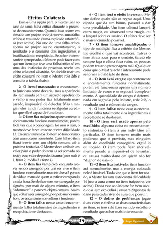 24
Efeitos Colaterais
Essa é uma opção para o mestre usar no
caso de uma falha crítica durante o proces-
so de encantamento. Quando isso ocorre em
cimadeumprojetoondejáocorreuumafalha
crítica, o resultado é uma explosão catastrófi-
ca (ver acima). No caso de uma falha crítica
apenas no projeto ou no encantamento, o
resultado é o consumo dos ingredientes e
inutilização do receptáculo. Se achar interes-
sante e apropriado, o Mestre pode fazer com
que um item que teve uma falha crítica só em
uma das instâncias do processo, receba um
efeito colateral aleatório. Se decidir usar um
efeito colateral no item o Mestre rola 2d6 e
consulta a tabela abaixo:
2 - O item é mascarado: o encantamen-
to funciona como deveria, mas a aparência
do item muda para um aspecto apodrecido
e velho e seu poder fica totalmente mas-
carado, impossível de detectar. Mas a ma-
gia neles ainda funciona se alguém acredi-
tar que ele é capaz de funcionar.
3-Oitemficatraiçoeiro:aparentementeo
encantamento funciona normalmente, porém
toda vez que o personagem for usar o item, o
mestre deve fazer um teste contra dificuldade
12. Os encantamentos do item só funcionarão
com um sucesso nesse teste. Caso falhe o item
ficará inerte com um objeto comum, até a
próxima tentativa. O Mestre deve atribuir um
valor para o poder do item (a ser somado no
teste), esse valor depende da aura (para nula é
1, fraca 2, média 3 e forte 4).
4 - O item fica vampírico: enquanto esti-
ver sendo carregado por um ser vivo o item
funcionanormalmente,maseledrena5pontos
de vida e mana de quem o estiver carregando
a cada hora. Se ele ficar sem ser carregado por
alguém, por mais de alguns minutos, o item
“adormece” e parecerá objeto comum. Assim
quevoltarasercarregado,porpelomenosuma
hora, os encantamentos voltam a funcionar.
5 - O item falha: nesse caso o encanta-
mento falha totalmente e os ingredientes e
receptáculo se desfazem.
6 - O item terá o efeito inverso: o Me-
stre define quais são as regras aqui. Uma
espada que da um bônus, passará a dar
uma penalidade. Um item talismã lançará
outra magia, ou absorverá uma magia, ou
a lançará sobre o usuário. O efeito deve ser
o mais incômodo possível.
7 - O item torna-se amaldiçoado: o
tipo de maldição fica a critério do Mestre.
Ele escolhe o que vai acontecer. Talvez o
item atraia azar para o usuário, talvez ele
sempre faça o clima ficar ruim, as pessoas
podem tratar o personagem mal. Qualquer
coisa que o Mestre achar interessante pode
se tornar a maldição do item.
8 - O item terá cargas: aparentemente
o encantamento funciona normalmente,
porém ele funcionará apenas um número
limitado de vezes e se esgotará completa-
mente. A quantidade de cargas é determi-
nada em segredo pelo Mestre, role 2d6, o
resultado será o número de cargas.
9 - O item falha: nesse caso o encanta-
mento falha totalmente e os ingredientes e
receptáculo se desfazem.
10 - O item será usado apenas pelo
escolhido: alguma coisa no encantamen-
to sintoniza o item a um indivíduo em
particular. O item torna-se muito mais
poderoso que o previsto, mas ninguém
além do escolhido conseguirá erguê-lo
ou tocá-lo. O item pode ficar incrivel-
mente pesado e impossível de levantar,
ou causar muito dano em quem não for
“digno” de usá-lo.
11 - O item fica instável: o item funcion-
ará normalmente, mas a energia colocada
nele é instável. Toda vez que o item for usa-
do, o Mestre faz um teste contra dificuldade
14 (use a aura como no item traiçoeiro, ver
acima). Dessa vez se o Mestre for bem suce-
dido o item explodirá e causará 20 pontos de
dano para cada nível de aura que possuir.
12 – O dobro de problemas: jogue
duas vezes e atribua as duas características
ao item, se isso não fizer sentido escolha o
resultado que achar mais interessante.
 