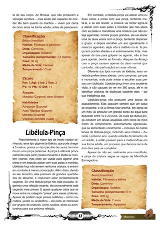 11
ta de seu corpo. As fêmeas, que não produzem a
vibração sonífera – mas ainda são capazes de mor-
der tão bem quanto os machos – vivem por cerca
de cinco anos na forma adulta, antes de perecerem.
Classificação
Besta (Insetóide)
Habitat: Florestas e pântanos
Dieta: Carnívora
Organização: Solitário
Tamanho (comprimento): 1,5 metros
Peso: 30 kg
Média de Vida: Variável
Temperamento: Cruel
Cícaro
For: 5 Agi: 6 Int: 2 Von: 2
PV: 40 PM: 40 Def: 14
Ataques:
Mordida (Corporal; dano 8/corte)
Habilidades
Artrópode [Suporte]
Asas Rápidas [Suporte]
Mordida [Suporte]
Vibração Sonífera [Ação]
Libélula-Pinça
Possívelmente o maior tipo de inseto voador co-
nhecido,essetipogigantedelibélula,quepodechegar
à 5 metros, possui um tipo peculiar de causa, termina-
da em uma pinça poderosa. A pinça é utilizada princi-
palmente para partir presas enquanto a libella se man-
tém voando, mas pode ser usada para agarrar uma
presa e em seguida atacar com suas patas e mordida.
Libélulas-ínça não temem nenhuma criatura, e entram
em combate à menor provocação. Além disso, devido
ao seu tamanho, elas precisam de grandes quantida-
des de alimento, e costumam estar constantemente
caçando. Se uma libélula-pinça não está pousada, di-
gerindo uma refeição recente, ela provavelmente está
caçando mais presas. E quase qualquer coisa que se
mova entra na categoria “presa” para essas criaturas.
Apesar de preferir caçar presas solitárias – como cro-
codilos, javalis ou andarilhos – ela pode se interessar
por grupos de criaturas, como cavalos, alces ou aven-
tureiros para sua próxima refeição.
Em combate, a libélula-pinça vai atacar uma ou
duas vezes a presa com sua pinça, tentando ma-
tá-la, e se ela resistir, a criatura vai tentar agrra-la
e atacar com suas patas e mordida (ela não ataca
com as patas e mandíbula uma criatura que não es-
teja agarrada). Contra grupos grandes, ela vai atacar
uma ou duas vezes com a pinça, tentando dispersar
o grupo, e depois escolher um avo (geralmente o
maior) e agarrá-lo, alçar vôo e matá-lo no ar. A pin-
ça tem pontas afiadas e é extremamente forte, mas
apesar de boa para golpear ou agarrar, não é boa
para apertar, devido ao formato. Ataques de Abraço
com a pinça causam apenas do dano normal (por
contusão, não perfuração) em suas vítimas.
Diferente dos tipos normais de libélulas, essa va-
riedade prefere áreas abertas, como campinas, pampas
e montanhas, onde pode avistar e escolher suas pre-
sas com facilidade. Libelulas-pinça t~em uma excelente
visão, e são capazes de ver em 360 graus, ale´m de
identificar criaturas de distâncias bastante altas – daí
sua Inteligência alta.
Libélulas-pinça não possuem uma época de
acasalamento. Elas copulam sempre que um casal
se encontra, e se a fêmea ficar prenha, em cerca de
um mês vai procurar um grande corpo de água para
depositar entre 10 e 20 ovos. Os ovos da libélua-pin-
ça eclodem em larvas aquáticas com cerca de meio
metro de comprimento, extremamente agressivas,
que se alimentarão vorazmente – inclusive de outras
larvas de libélula-pinça, incluíndo seus irmãos – du-
rante o próximo ano, quando estarão do tamanho de
um adulto, e então passam para a metamorfose em
sua forma adulta, um processo que demora cerca de
dois dias para se completar.
Apesar de não ser, realmente uma mandíbula,
a pinça da criatura segue as regras de Mandíbula
Esmagadora.
Classificação
Besta (Insetóide)
Habitat: Pântanos e selvas
Dieta: Carnívora
Organização: Solitário
Tamanho (comprimento): 5 m
Peso: 400 kg
Média de Vida: 7 anos
Temperamento: Agressivo
 