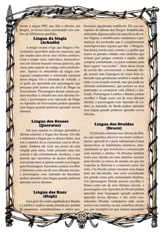 110
110
mente é algum NPC que fale o idioma, um
dragão, ou livros raros encontrador nos con-
fins de bibliotecas perdidas.
Língua da Magia
(Arkadis)
A magia arcana exige que Magos e Ne-
cromantes aprendam palavras especiais, que
são usadas para ativar seus efeitos misticos.
Com o tempo esses indivíduos desenvolve-
ram um idioma baseado nessas palavras, que
virou uma espécie de código entre profissio-
nais. Apenas os entendidos de magia con-
seguem compreender a intrincada estrutura
dessa língua. Ela é chamada de Arkadis, e
só pode ser aprendida por personagens que
possuam pelo menos um nível de Mago ou
Necromante. Personagens dessas classes po-
dem escolher o Arkadis nos seus idiomas ini-
ciais, e personagens com Aprendiz de Mago
ou Aprendiz de Necromante podem aprender
essa língua quando puderem aprender novos
idiomas.
Língua dos Deuses
(Quoratus)
Em suas orações os clérigos aprendem o
idioma celestial, a língua dos deuses. Ela não
é realmente a língua que os deuses falam, mas
sim a maneira de se comunicar com as divin-
dades. Embora ele varie um pouco de uma
religião para outra, todas possuem uma raiz
comum e são extremamente similares, o que
permite que sacerdotes de deuses diferentes
conversem entre si apenas usando essa lingua-
gem.Personagens Sacerdotes podem escolher
o Quoratus como um de seus idiomas iniciais,
e personagens com Aprendiz de Sacerdote
podem aprender essa língua quando puderem
aprender novos idiomas.
Língua das Ruas
(Slegh)
Essa gíria foi sendo espalhada por Bardos
e Ladrões e acabou sendo adotada por guildas
de assassinos, contrabandistas e outros pro-
fissionais igualmente confiáveis. Ela usa cor-
ruptelas do Idioma dos Burgos Simplificado,
utilizando algumas palavras específicas de ou-
tras línguas, e modificações semânticas e gra-
maticais tão profundas que é completamente
ininteligível para alguém que fale o Burguês.
Sua forma escrita mais comum é o grafite que
marca as grandes cidades com símbolos que
avisam qual gangue controla a região, onde
comprar contrabando, ou quem contratar para
fazer aquele “servicinho”. Além dessa forma
de escrita não convencional, o chamado Sle-
gh, possui uma linguagem de sinais bem re-
buscado (que geralmente também é usado du-
rante a conversação normal, mas que pode ser
utilizado isoladamente), que permite ao seus
praticantes se comunicar com silêncio e dis-
crição. Personagens Ladrões e Bardos podem
escolher o Slegh como um de seus idiomas
iniciais, e personagens com Aprendiz de La-
dino ou Aprendiz de Bardo podem aprender
essa língua quando puderem aprender novos
idiomas.
Língua dos Druidas
(Draen)
Os Druidas chamam esse idioma de Dra-
en, que significa absorver ou reunir conheci-
mento, aprendê-la é parte indispensável para
desenvolver as habilidades druídicas, prin-
cipalmente as que envolvem a comunicação
com animais e plantas. Os Druidas também
usam esse idioma em suas reuniões secretas
para discutir os rumos do mundo, no que diz
respeitos as florestas e a natureza como um
todo. Um Druida jamais ensinará essa língua
para um não-druida, isso seria considerado
um grande crime pela comunidade druídica.
Um personagem Druida precisa escolher o
Draen como um de seus idiomas iniciais, e
personagens com Aprendiz de Druida podem
aprender essa linguagem quando puderem
aprender novos idiomas, e não serão con-
siderados Druidas verdadeiros (não sendo
aceitos em reuniões ou em conselhos druídi-
cos, por exemplo) até que tenham aprendido
 