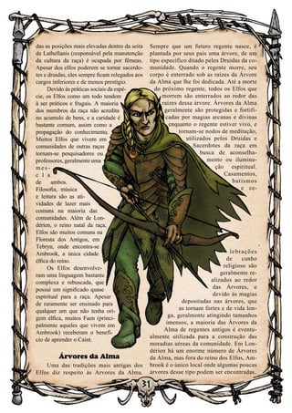 31
Sempre que um futuro regente nasce, é
plantada por seus pais uma árvore, de um
tipo específico ditado pelos Druidas da co-
munidade. Quando o regente morre, seu
corpo é enterrado sob as raízes da Árvore
da Alma que lhe foi dedicada. Até a morte
do próximo regente, todos os Elfos que
morrem são enterrados ao redor das
raízes dessa árvore. Árvores da Alma
geralmente são protegidas e fortifi-
cadas por magias arcanas e divinas
enquanto o regente estiver vivo, e
tornam-se nodos de meditação,
utilizados pelos Druidas e
Sacerdotes da raça em
busca de aconselha-
mento ou ilumina-
ção espiritual.
Casamentos,
batismos
e ce-
lebrações
de cunho
religioso são
geralmente re-
alizados ao redor
das Árvores, e
devido às magias
depositadas nas árvores, que
as tornam fortes e de vida lon-
ga, geralmente atingindo tamanhos
imensos, a maioria das Árvores da
Alma de regentes antigos é eventu-
almente utilizada para a construção das
moradias aéreas da comunidade. Em Lon-
dérien há um enorme número de Árvores
da Alma, mas fora do reino dos Elfos, Am-
brook é o único local onde algumas poucas
árvores desse tipo podem ser encontradas.
das as posições mais elevadas dentro da seita
de Lathellanis (responsável pela manutenção
da cultura da raça) é ocupada por fêmeas.
Apesar dos elfos poderem se tornar sacerdo-
tes e druidas, eles sempre ficam relegados aos
cargos inferiores e de menos prestígio.
Devido às práticas sociais da espé-
cie, os Elfos como um todo tendem
à ser práticos e frugais. A maioria
dos membros da raça não acredita
no acumulo de bens, e a caridade é
bastante comum, assim como a
propagação do conhecimento.
Muitos Elfos que vivem em
comunidades de outras raças
tornam-se pesquisadores ou
professores, geralmente uma
m e s -
c l a
de ambos.
Filosofia, música
e leitura são as ati-
vidades de lazer mais
comuns na maioria das
comunidades. Além de Lon-
dérien, o reino natal da raça,
Elfos são muitos comuns na
Floresta dos Antigos, em
Tebryn, onde encontra-se
Ambrook, a única cidade
élfica do reino.
Os Elfos desenvolve-
ram uma linguagem bastante
complexa e rebuscada, que
possui um significado quase
espiritual para a raça. Apesar
de raramente ser ensinado para
qualquer um que não tenha ori-
gem élfica, muitos Faen (princi-
palmente aqueles que vivem em
Ambrook) receberam o benefí-
cio de aprender o Caint.
Árvores da Alma
Uma das tradições mais antigas dos
Elfos diz respeito às Arvores da Alma.
 