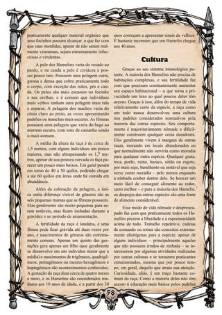 58
praticamente qualquer material orgânico que
seus focinhos possam alcançar, o que faz com
que suas mordidas, apesar de não serem real-
mente venenosas, sejam extremamente infec-
ciosas e virulentas.
A pele dos Hamelins varia do rosado ao
pardo, e na cauda a pele é coriácea e pos-
sui pouco tato. Possuem uma pelagem curta,
grossa e densa que cobre praticamente todo
o corpo, com exceção das mãos, pés e cau-
da. Os pelos são mais escassos no focinho
e nas orelhas, e é comum que indivíduos
mais velhos tenham uma pelagem mais rala
e esparsa. A pelagem dos machos varia do
cinza claro ao preto, as vezes apresentando
padrões ou manchas mais escuras. As fêmeas
possuem uma pelagem que varia do bege ao
marrom escuro, com tons de castanho sendo
o mais comum.
A média da altura da raça é de cerca de
1,5 metros, com alguns indivíduos um pouco
maiores, mas não ultrapassando os 1,7 me-
tros, apesar de sua postura curvada os faça pa-
recer um pouco mais baixos. Em geral pesam
em torno de 40 a 50 quilos, podendo chegar
a até 60 quilos em áreas onde há comida em
abundância.
Além da coloração da pelagem, a úni-
ca outra diferença visível de gêneros são as
seis pequenas mamas que as fêmeas possuem.
Elas geralmente são muito pequenas para se-
rem notáveis, mas ficam inchadas durante a
gravidez e no período de amamentação.
A fertilidade da raça é lendária, e uma
fêmea pode ficar grávida até duas vezes por
ano, e nascimentos de gêmeos são extrema-
mente comuns. Apenas um quinto das ges-
tações gera apenas um filho (que geralmente
se desenvolve em um indivíduo maior que a
média) e nascimentos de trigêmeos, quadrigê-
meos, pentagêmeos ou mesmo hexagêmeos e
heptagêmeos são acontecimentos conhecidos.
A gestação da raça dura cerca de quatro meses
e meio, e os Hamelins são considerados ma-
duros aos 10 anos de idade, e a partir dos 30
anos começam a apresentar sinais de velhice.
É bastante incomum que um Hamelin chegue
aos 40 anos.
Cultura
Graças ao seu sistema imunológico po-
tente, A maioria dos Hamelins não precisa de
habitações complexas, e sua fertilidade faz
com que precisem constantemente aumentar
seu espaço habitacional – o que torna a pri-
vacidade um luxo ao qual poucos deles têm
acesso. Graças à isso, além do tempo de vida
relativamente curto da espécie, a raça como
um todo nunca desenvolveu uma cultura
nos padrões considerados normativos pela
maioria das outras espécies. Seu comporta-
mento é majoritariamente nômade e dificil-
mente constroem qualquer coisa duradoura.
Eles geralmente vivem à margem de outras
raças, morando em locais abandonados ou
que normalmente não serviria como moradia
para qualquer outra espécie. Qualquer gruta,
toca, porão, ruína, buraco, sótão ou esgoto,
por mais sujo, barulhento ou instável que seja
serve como moradia – pelo menos enquanto
a ninhada couber dentro dele. Se houver um
meio fácil de conseguir alimento ao redor,
tanto melhor – e para a maioria dos Hamelin,
os despojos das outras espécies são uma fonte
de alimento considerável.
Esse modo de vida nômade e despreocu-
pado faz com que praticamente todos os Ha-
melins prezem a liberdade e a espontaneidade
acima de tudo. Trabalho repetitivo, cadeias
de comando ou rotina são conceitos extrema-
mente alienígenas para a espécie, apesar de
alguns indivíduos – principalmente aqueles
que não possuem irmãos de ninhada – se in-
teressarem por algumas atividades realizadas
por outras culturas e se tornarem praticantes
entusiasmados, mesmo que por pouco tem-
po, em geral, daquilo que atraia sua atenção.
Curiosidade, aliás, é um traço bastante co-
mum da raça. Como a maioria deles não têm
acesso à educação mais básica pelos padrões
 