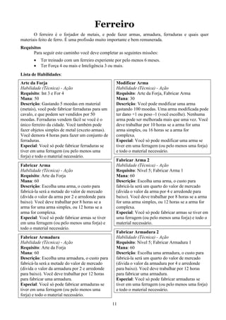 11
Ferreiro
O ferreiro é o forjador de metais, e pode fazer armas, armadura, ferraduras e quais quer
materiais feito de ferro. É uma profissão muito importante e bem remunerada.
Requisitos
Para seguir este caminho você deve completar as seguintes missões:
• Ter treinado com um ferreiro experiente por pelo menos 6 meses.
• Ter Força 4 ou mais e Inteligência 3 ou mais.
Lista de Habilidades:
Arte da Forja
Habilidade (Técnica) - Ação
Requisito: Int 3 e For 4
Mana: 50
Descrição: Gastando 5 moedas em material
(metais), você pode fabricar ferraduras para um
cavalo, e que podem ser vendidos por 50
moedas. Ferraduras vendem fácil se você é o
único ferreiro da cidade. Você também pode
fazer objetos simples de metal (exceto armas).
Você demora 4 horas para fazer um conjunto de
ferraduras.
Especial: Você só pode fabricar ferraduras se
tiver em uma ferragem (ou pelo menos uma
forja) e todo o material necessário.
Fabricar Arma
Habilidade (Técnica) - Ação
Requisito: Arte da Forja
Mana: 60
Descrição: Escolha uma arma, o custo para
fabricá-la será a metade do valor de mercado
(divida o valor da arma por 2 e arredonde para
baixo). Você deve trabalhar por 8 horas se a
arma for uma arma simples, ou 12 horas se a
arma for complexa.
Especial: Você só pode fabricar armas se tiver
em uma ferragem (ou pelo menos uma forja) e
todo o material necessário.
Fabricar Armadura
Habilidade (Técnica) - Ação
Requisito: Arte da Forja
Mana: 60
Descrição: Escolha uma armadura, o custo para
fabricá-la será a metade do valor de mercado
(divida o valor da armadura por 2 e arredonde
para baixo). Você deve trabalhar por 12 horas
para fabricar uma armadura.
Especial: Você só pode fabricar armaduras se
tiver em uma ferragem (ou pelo menos uma
forja) e todo o material necessário.
Modificar Arma
Habilidade (Técnica) - Ação
Requisito: Arte da Forja, Fabricar Arma
Mana: 30
Descrição: Você pode modificar uma arma
gastando 100 moedas. Uma arma modificada pode
ter dano +1 ou peso -1 (você escolhe). Nenhuma
arma pode ser melhorada mais que uma vez. Você
deve trabalhar por 10 horas se a arma for uma
arma simples, ou 16 horas se a arma for
complexa.
Especial: Você só pode modificar uma arma se
tiver em uma ferragem (ou pelo menos uma forja)
e todo o material necessário.
Fabricar Arma 2
Habilidade (Técnica) - Ação
Requisito: Nível 5; Fabricar Arma 1
Mana: 60
Descrição: Escolha uma arma, o custo para
fabricá-la será um quarto do valor de mercado
(divida o valor da arma por 4 e arredonde para
baixo). Você deve trabalhar por 8 horas se a arma
for uma arma simples, ou 12 horas se a arma for
complexa.
Especial: Você só pode fabricar armas se tiver em
uma ferragem (ou pelo menos uma forja) e todo o
material necessário.
Fabricar Armadura 2
Habilidade (Técnica) - Ação
Requisito: Nível 5; Fabricar Armadura 1
Mana: 60
Descrição: Escolha uma armadura, o custo para
fabricá-la será um quarto do valor de mercado
(divida o valor da armadura por 4 e arredonde
para baixo). Você deve trabalhar por 12 horas
para fabricar uma armadura.
Especial: Você só pode fabricar armaduras se
tiver em uma ferragem (ou pelo menos uma forja)
e todo o material necessário.
 