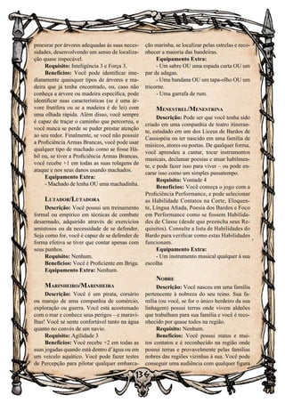 136
procurar por árvores adequadas às suas neces-
sidades, desenvolvendo um senso de localiza-
ção quase impecável.
Requisito: Inteligência 3 e Força 3.
Benefícios: Você pode identificar ime-
diatamente quaisquer tipos de árvores e ma-
deira que já tenha encontrado, ou, caso não
conheça a árvore ou madeira específica, pode
identificar suas características (se é uma ár-
vore frutífera ou se a madeira é de lei) com
uma olhada rápida. Além disso, você sempre
é capaz de traçar o caminho que percorreu, e
você nunca se perde se puder prestar atenção
ao seu redor. Finalmente, se você não possuir
a Proficiência Armas Brancas, você pode usar
qualquer tipo de machado como se fosse Há-
bil ou, se tiver a Proficiência Armas Brancas,
você recebe +1 em todas as suas rolagens de
ataque e nos seus danos usando machados.
Equipamento Extra:
- Machado de lenha OU uma machadinha.
Lutador/Lutadora
Descrição: Você possui um treinamento
formal ou empírico em técnicas de combate
desarmado, adquirido através de exercícios
amistosos ou da necessidade de se defender.
Seja como for, você é capaz de se defender de
forma efetiva se tiver que contar apenas com
seus punhos.
Requisito: Nenhum.
Benefícios: Você é Proficiente em Briga.
Equipamento Extra: Nenhum.
Marinheiro/Marinheira
Descrição: Você é um pirata, corsário
ou marujo de uma companhia de comércio,
exploração ou guerra. Você está acostumado
com o mar e conhece seus perigos – e maravi-
lhas! Você se sente confortável tanto na água
quanto no convés de um navio.
Requisito: Agilidade 3
Benefícios: Você recebe +2 em todas as
suas jogadas quando está dentro d’água ou em
um veículo aquático. Você pode fazer testes
de Percepção para pilotar qualquer embarca-
ção marinha, se localizar pelas estrelas e reco-
nhecer a maioria das bandeiras.
Equipamento Extra:
- Um sabre OU uma espada curta OU um
par de adagas.
- Uma bandana OU um tapa-olho OU um
tricorne.
- Uma garrafa de rum.
Menestrel/Menestrina
Descrição: Pode ser que você tenha sido
criado em uma companhia de teatro itineran-
te, estudado em um dos Liceus de Bardos de
Cassiopéia ou ter nascido em uma família de
músicos, atores ou poetas. De qualquer forma,
você aprendeu a cantar, tocar instrumentos
musicais, declamar poesias e atuar habilmen-
te, e pode fazer isso para viver – ou pode en-
carar isso como um simples passatempo.
Requisito: Vontade 4
Benefícios: Você começa o jogo com a
Proficiência Performance, e pode selecionar
as Habilidade Contatos na Corte, Eloquen-
te, Língua Afiada, Poesia dos Bardos e Foco
em Performance como se fossem Habilida-
des de Classe (desde que preencha seus Re-
quisitos). Consulte a lista de Habilidades do
Bardo para verificar como estas Habilidades
funcionam.
Equipamento Extra:
- Um instrumento musical qualquer à sua
escolha
Nobre
Descrição: Você nasceu em uma família
pertencente à nobreza do seu reino. Sua fa-
mília (ou você, se for o único herdeiro da sua
linhagem) possui terras onde vivem aldeões
que trabalham para sua família e você é reco-
nhecido por quase todos na região.
Requisito: Nenhum.
Benefícios: Você possui status e mui-
tos contatos e é reconhecido na região onde
possui terras e provavelmente pelas famílias
nobres das regiões vizinhas à sua. Você pode
conseguir uma audiência com qualquer figura
 