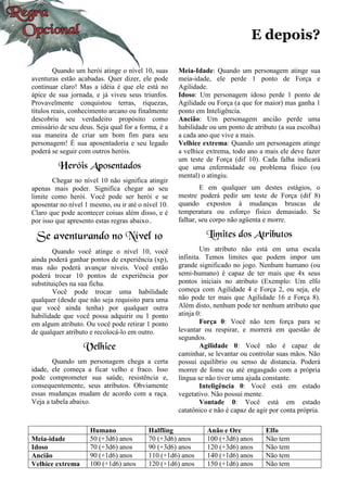 E depois?
Quando um herói atinge o nível 10, suas
aventuras estão acabadas. Quer dizer, ele pode
continuar claro! Mas a idéia é que ele está no
ápice de sua jornada, e já viveu seus triunfos.
Provavelmente conquistou terras, riquezas,
títulos reais, conhecimento arcano ou finalmente
descobriu seu verdadeiro propósito como
emissário de seu deus. Seja qual for a forma, é a
sua maneira de criar um bom fim para seu
personagem! É sua aposentadoria e seu legado
poderá se seguir com outros heróis.
Heróis Aposentados
Chegar no nível 10 não significa atingir
apenas mais poder. Significa chegar ao seu
limite como herói. Você pode ser herói e se
aposentar no nível 1 mesmo, ou ir até o nível 10.
Claro que pode acontecer coisas além disso, e é
por isso que apresento estas regras abaixo..
Se aventurando no Nível 10
Quando você atinge o nível 10, você
ainda poderá ganhar pontos de experiência (xp),
mas não poderá avançar níveis. Você então
poderá trocar 10 pontos de experiência por
substituições na sua ficha.
Você pode trocar uma habilidade
qualquer (desde que não seja requisito para uma
que você ainda tenha) por qualquer outra
habilidade que você possa adquirir ou 1 ponto
em algum atributo. Ou você pode retirar 1 ponto
de qualquer atributo e recolocá-lo em outro.
Velhice
Quando um personagem chega a certa
idade, ele começa a ficar velho e fraco. Isso
pode comprometer sua saúde, resistência e,
consequentemente, seus atributos. Obviamente
essas mudanças mudam de acordo com a raça.
Veja a tabela abaixo.
Meia-Idade: Quando um personagem atinge sua
meia-idade, ele perde 1 ponto de Força e
Agilidade.
Idoso: Um personagem idoso perde 1 ponto de
Agilidade ou Força (a que for maior) mas ganha 1
ponto em Inteligência.
Ancião: Um personagem ancião perde uma
habilidade ou um ponto de atributo (a sua escolha)
a cada ano que vive a mais.
Velhice extrema: Quando um personagem atinge
a velhice extrema, todo ano a mais ele deve fazer
um teste de Força (dif 10). Cada falha indicará
que uma enfermidade ou problema físico (ou
mental) o atingiu.
E em qualquer um destes estágios, o
mestre poderá pedir um teste de Força (dif 8)
quando expostos à mudanças bruscas de
temperatura ou esforço físico demasiado. Se
falhar, seu corpo não agüenta e morre.
Limites dos Atributos
Um atributo não está em uma escala
infinita. Temos limites que podem impor um
grande significado no jogo. Nenhum humano (ou
semi-humano) é capaz de ter mais que 4x seus
pontos iniciais no atributo (Exemplo: Um elfo
começa com Agilidade 4 e Força 2, ou seja, ele
não pode ter mais que Agilidade 16 e Força 8).
Além disto, nenhum pode ter nenhum atributo que
atinja 0:
Força 0: Você não tem força para se
levantar ou respirar, e morrerá em questão de
segundos.
Agilidade 0: Você não é capaz de
caminhar, se levantar ou controlar suas mãos. Não
possui equilíbrio ou senso de distancia. Poderá
morrer de fome ou até engasgado com a própria
língua se não tiver uma ajuda constante.
Inteligência 0: Você está em estado
vegetativo. Não possui mente.
Vontade 0: Você está em estado
catatônico e não é capaz de agir por conta própria.
Humano Halfling Anão e Orc Elfo
Meia-idade 50 (+3d6) anos 70 (+3d6) anos 100 (+3d6) anos Não tem
Idoso 70 (+3d6) anos 90 (+3d6) anos 120 (+3d6) anos Não tem
Ancião 90 (+1d6) anos 110 (+1d6) anos 140 (+1d6) anos Não tem
Velhice extrema 100 (+1d6) anos 120 (+1d6) anos 150 (+1d6) anos Não tem
 