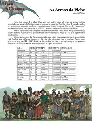 12
As Armas da Plebe
Por Erik Nunes
Como todo mundo deve saber, é fato que, num cenário medieval, é raro que grande parte da
população não tem condições financeiras de comprar armamento. Também é fato de que eles podem
ser atacados por monstros, assaltantes e qualquer outro tipo de invasores. Mas, se eles (comumente)
não possuem armas, como poderiam se defender? Simples, com suas ferramentas de trabalho.
Abaixo segue uma tabela completa com ferramentas usadas como armas. Vai que seu machado
quebra no meio e você investiu quase todo seu dinheiro no maldito barco que vai levar o grupo até a
maldita ilha...
Mesmo que algumas das ferramentas citadas aqui sejam parecidas com armas já apresentadas,
vale lembrar que, diferente das outras, elas não são preparadas para o combate. Assim, todas
pertencem ao grupo FERRAMENTAS, e o Mestre deve autorizar o uso à personagens que possuem
um histórico de acordo. Outros personagens usam as regras de Inaptidão.
ARMA CUSTO DANO TIPO PESO GRUPO OBSERVAÇÂO
Foice Curta 5 6 Corte 1 Ferramenta
Foice Longa 20 10 Corte 3 Ferramenta Duas Mãos
Martelo de Pregos 3 4 Contusão 1 Ferramenta
Marreta 5 6 Contusão 3 Ferramenta
Picareta Curta 10 6 Perfuração 1 Ferramenta
Picareta Longa 30 8 Perfuração 4 Ferramenta Duas Mãos
Machado de Corte 10 8 Corte 2 Ferramenta Duas Mãos
Machado de Lenha 30 10 Corte 5 Ferramenta Duas Mãos
Garfo de Feno 10 8 Perfuração 3 Ferramenta Duas Mãos; Arremesso.
Chicote 30 8 Corte 1 Ferramenta Longo
Pá Curta 6 4 Contusão 1 Ferramenta
Pá Longa 8 6 Contusão 3 Ferramenta Duas Mãos
Enxada 10 8 Corte 4 Ferramenta Duas Mãos
 