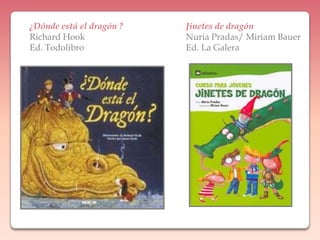 Jinetes de dragónNuria Pradas/ Miriam BauerEd. La Galera¿Dónde está el dragón ?Richard HookEd. Todolibro