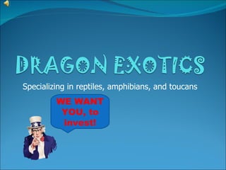 Specializing in reptiles, amphibians, and toucans
         WE WANT
          YOU, to
          invest!
 