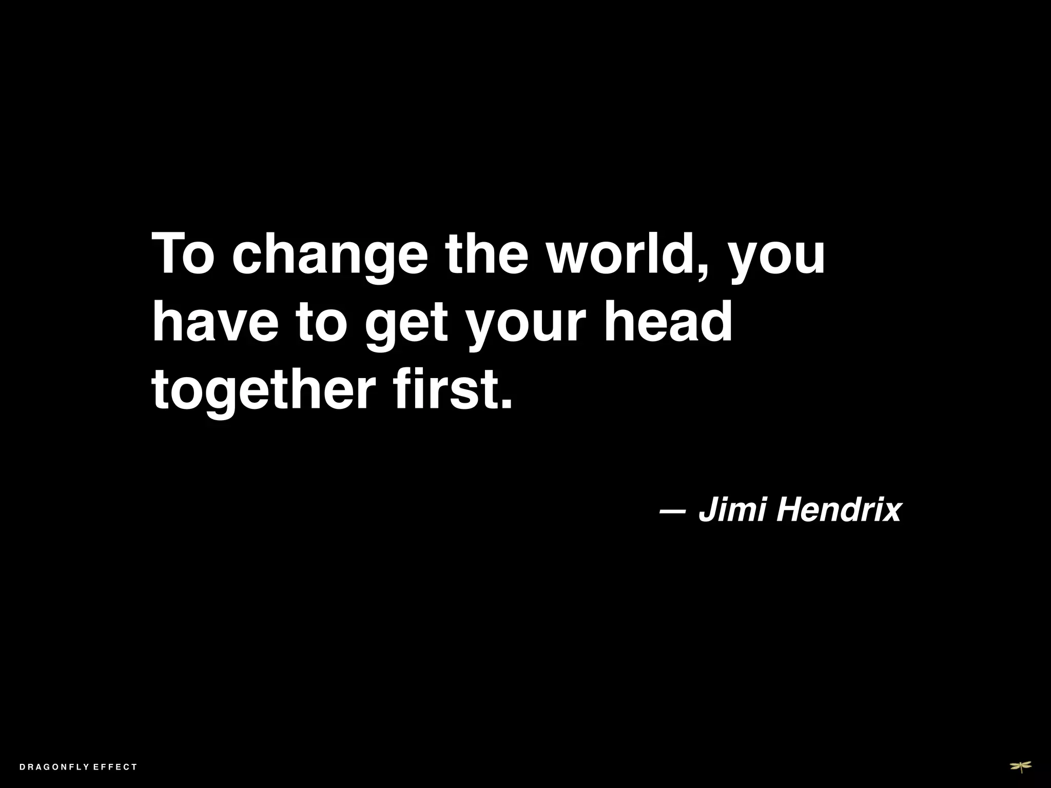 To change the world, you
                     have to get your head
                     together ﬁrst. ! !!
                       ! !!
                                      — Jimi Hendrix!




DRAGONFLY EFFECT !
 