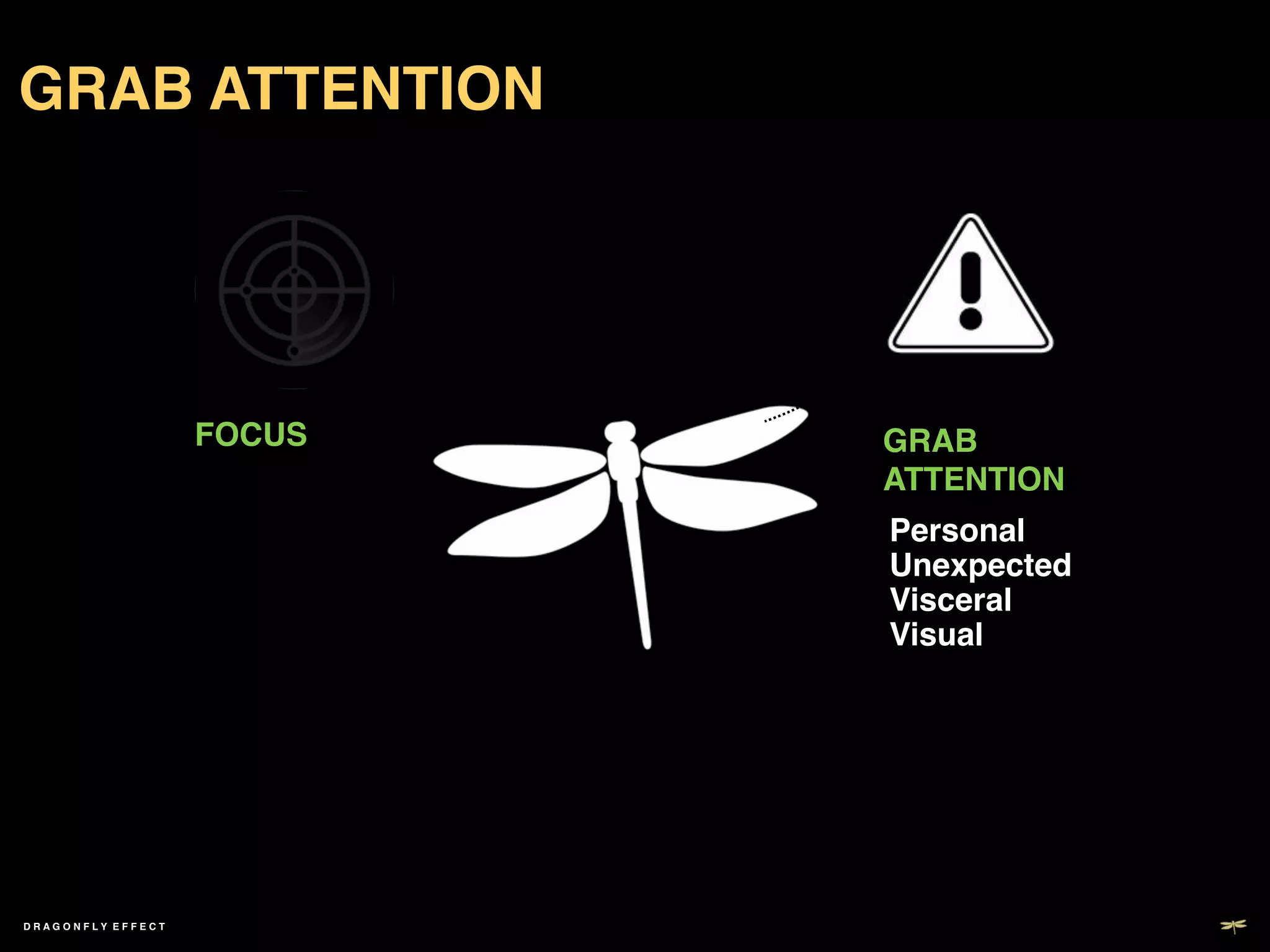 GRAB ATTENTION!




                     FOCUS!   GRAB
                              ATTENTION!
                              Personal 
                              Unexpected!
                              Visceral!
                              Visual!




DRAGONFLY EFFECT !
 
