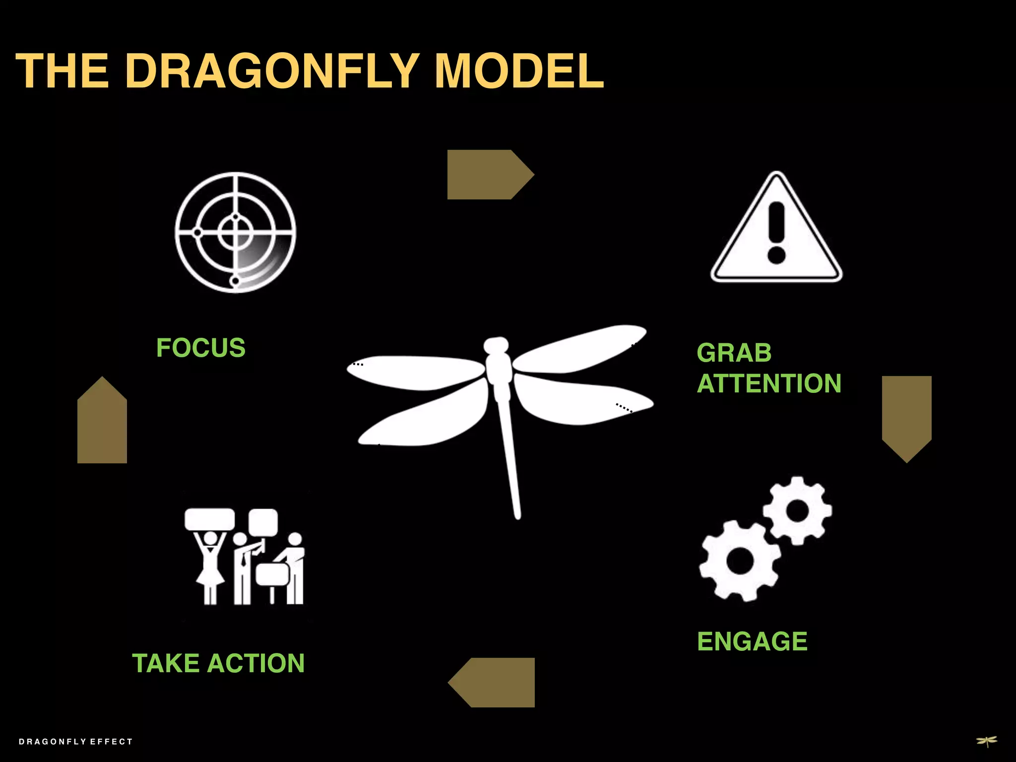 THE DRAGONFLY MODEL!




                     FOCUS!    GRAB
                               ATTENTION!




                               ENGAGE!
                TAKE ACTION!

DRAGONFLY EFFECT !
 
