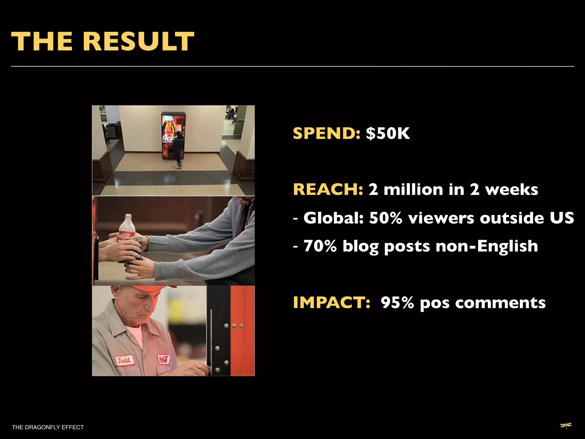 THE RESULT	



                           SPEND: $50K	

                           	

                           REACH: 2 million in 2 weeks	

                           -  Global: 50% viewers outside US 	

                           -  70% blog posts non-English	



                           IMPACT: 95% pos comments  	





THE DRAGONFLY EFFECT   !
 