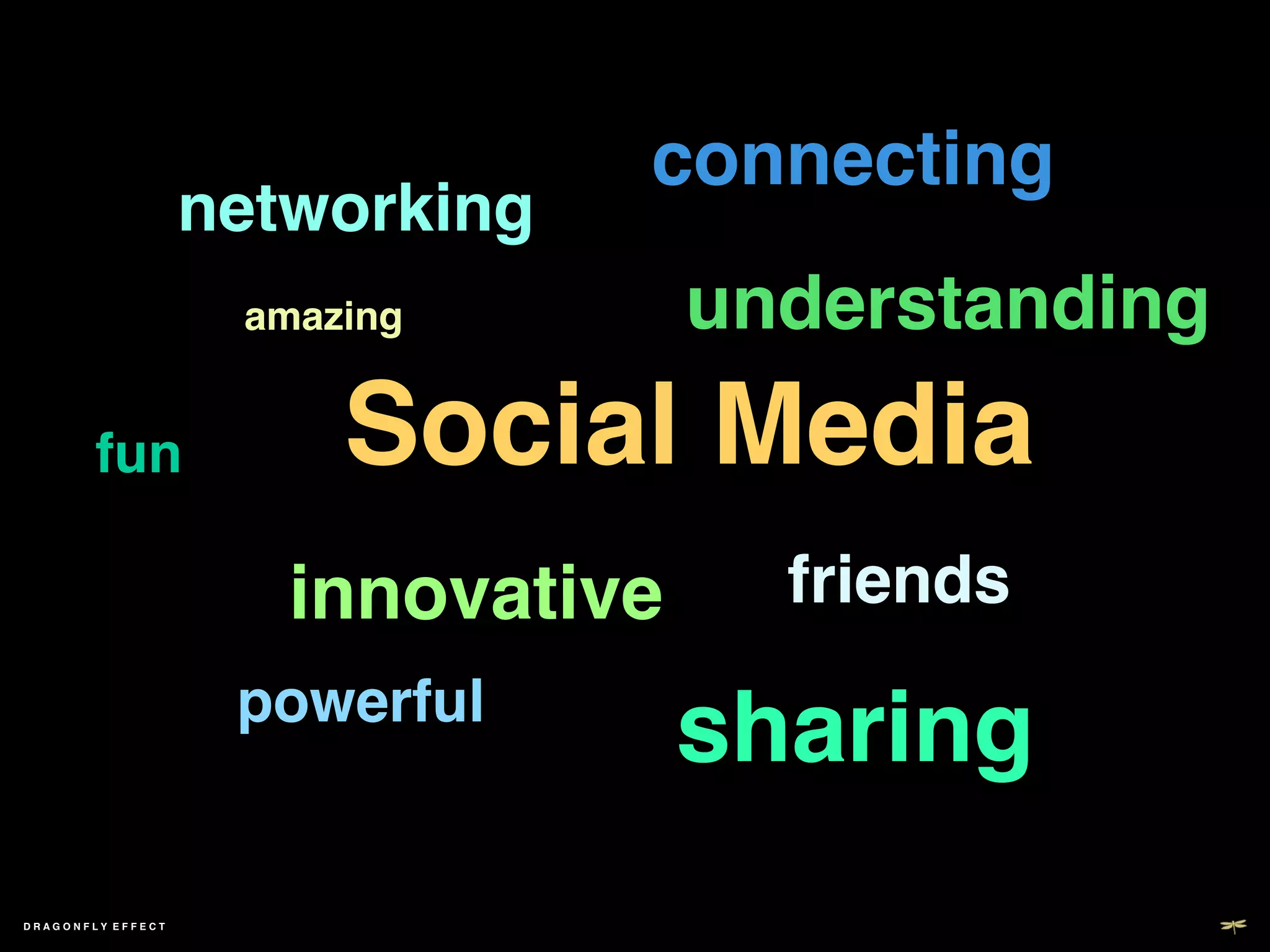 connecting!
                   networking!
                       amazing!        understanding!
        fun!               Social Media!
                         innovative!     friends!
                       powerful!
                                   sharing!
DRAGONFLY EFFECT   !
 
