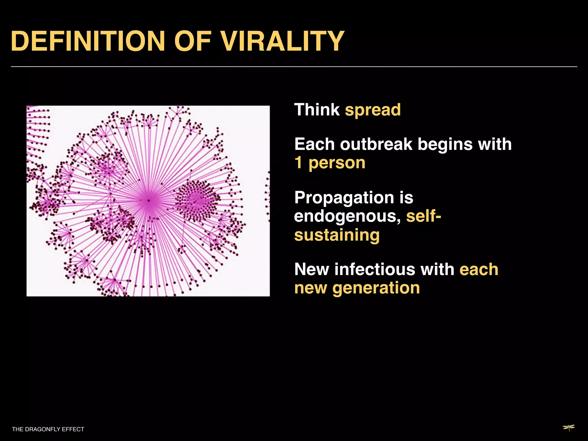 DEFINITION OF VIRALITY!

                           Think spread!

                           Each outbreak begins with
                           1 person!

                           Propagation is
                           endogenous, self-
                           sustaining!

                           New infectious with each
                           new generation!




THE DRAGONFLY EFFECT   !
 