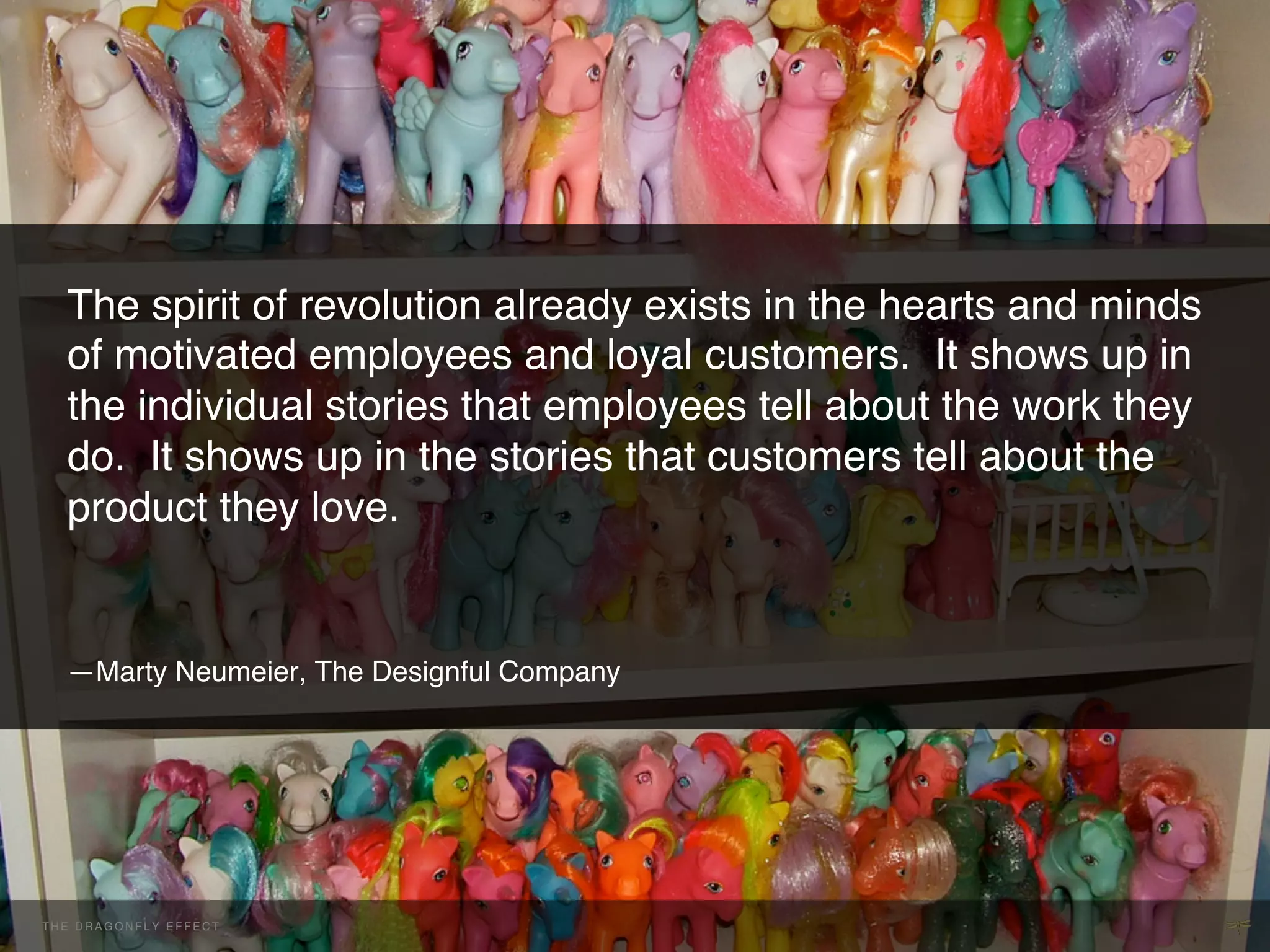 The spirit of revolution already exists in the hearts and minds
       of motivated employees and loyal customers. It shows up in
       the individual stories that employees tell about the work they
       do. It shows up in the stories that customers tell about the
       product they love.!

       !
       —Marty Neumeier, The Designful Company !




THE H E D R A G O NEFFECT F E C T
  T DRAGONFLY F L Y E F !           !
 