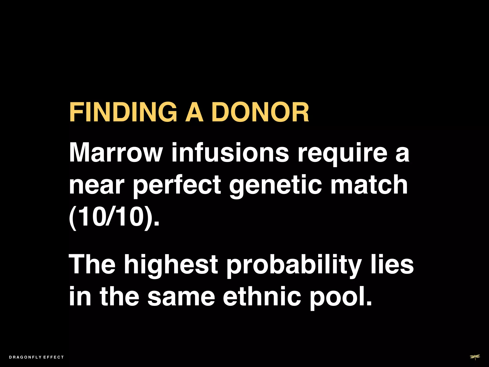 FINDING A DONOR 	

                   Marrow infusions require a
                   near perfect genetic match
                   (10/10). !
                    



                   The highest probability lies  
                   in the same ethnic pool.!
DRAGONFLY EFFECT   !
 