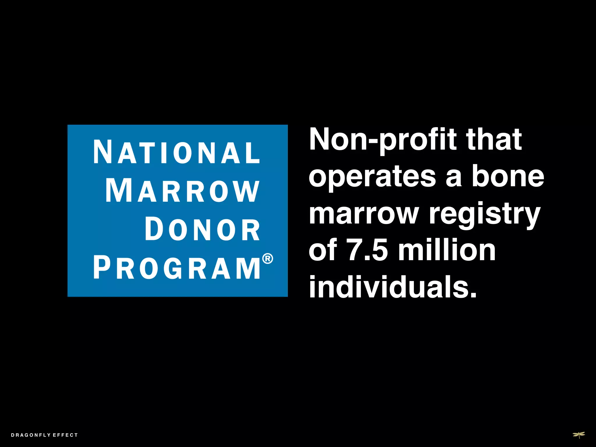 Non-proﬁt that
                       operates a bone
                       marrow registry
                       of 7.5 million
                       individuals. !



DRAGONFLY EFFECT   !
 