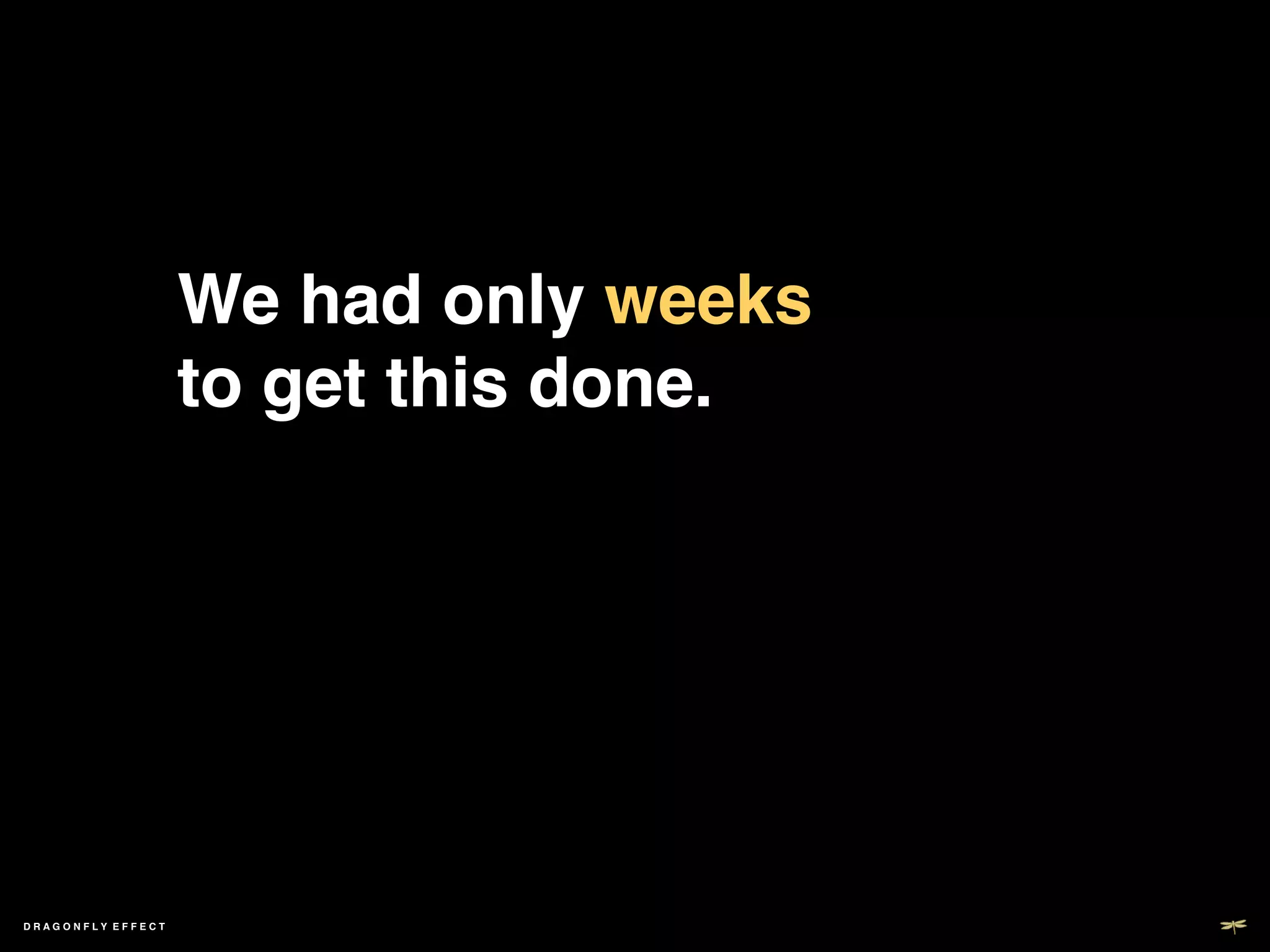 We had only weeks
                   to get this done.!




DRAGONFLY EFFECT   !
 