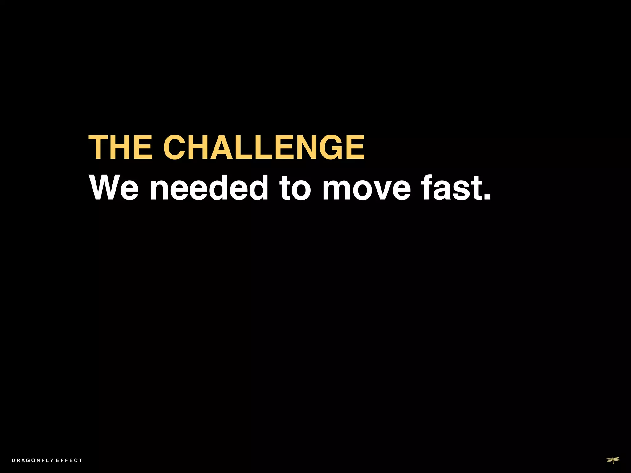 THE CHALLENGE	

                   We needed to move fast.	





DRAGONFLY EFFECT   !
 
