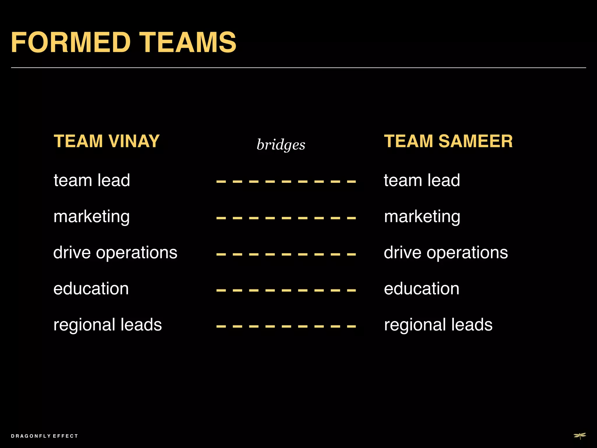 FORMED TEAMS!
!

          TEAM VINAY!         bridges   TEAM SAMEER!

          team lead!                    team lead!

          marketing!                    marketing!

          drive operations!             drive operations!

          education!                    education!

          regional leads!               regional leads!




DRAGONFLY EFFECT   !
 